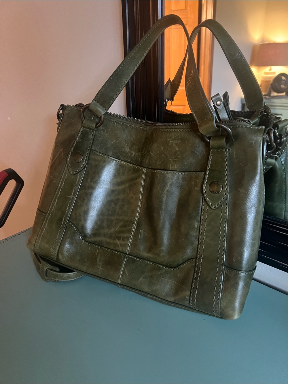 Frye Melissa Medium Crossbody Bag Green Distressed Leather Satchel Shoulder Bag - Picture 3 of 6
